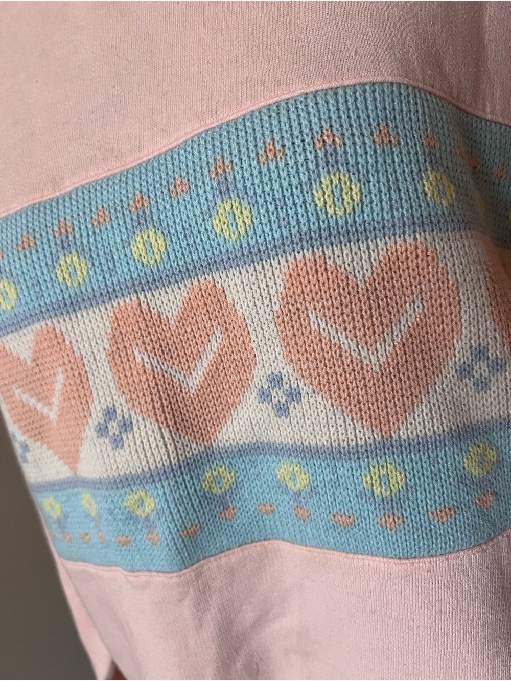 Vintage Simply Basic Pink Pastel Heart Fleece Sweatshirt Jacquard Panel M - Picture 3 of 8